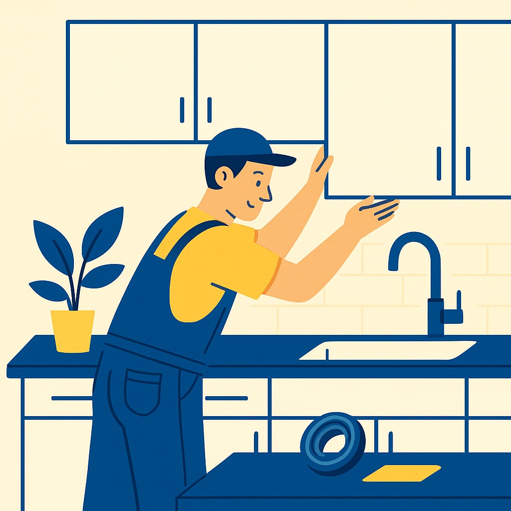 Installing Kitchen Cabinets, Countertops, and Sink Professional installer fitting kitchen cabinets, countertop, and sink during renovation project.