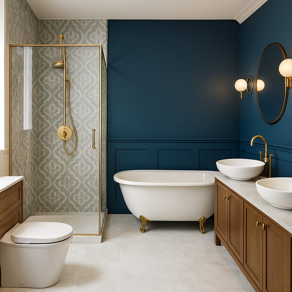 Modern Luxury Bathroom Interior 3D Render Oakville bathroom renovation with freestanding tub, navy wall and gold fixtures