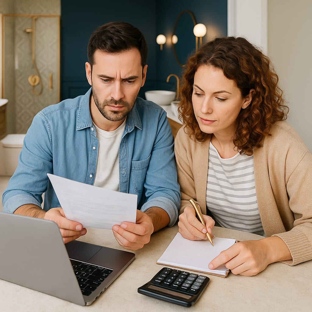 Bathroom Renovation Budget Planning couple calculating bathroom renovation costs with laptop paper and calculator