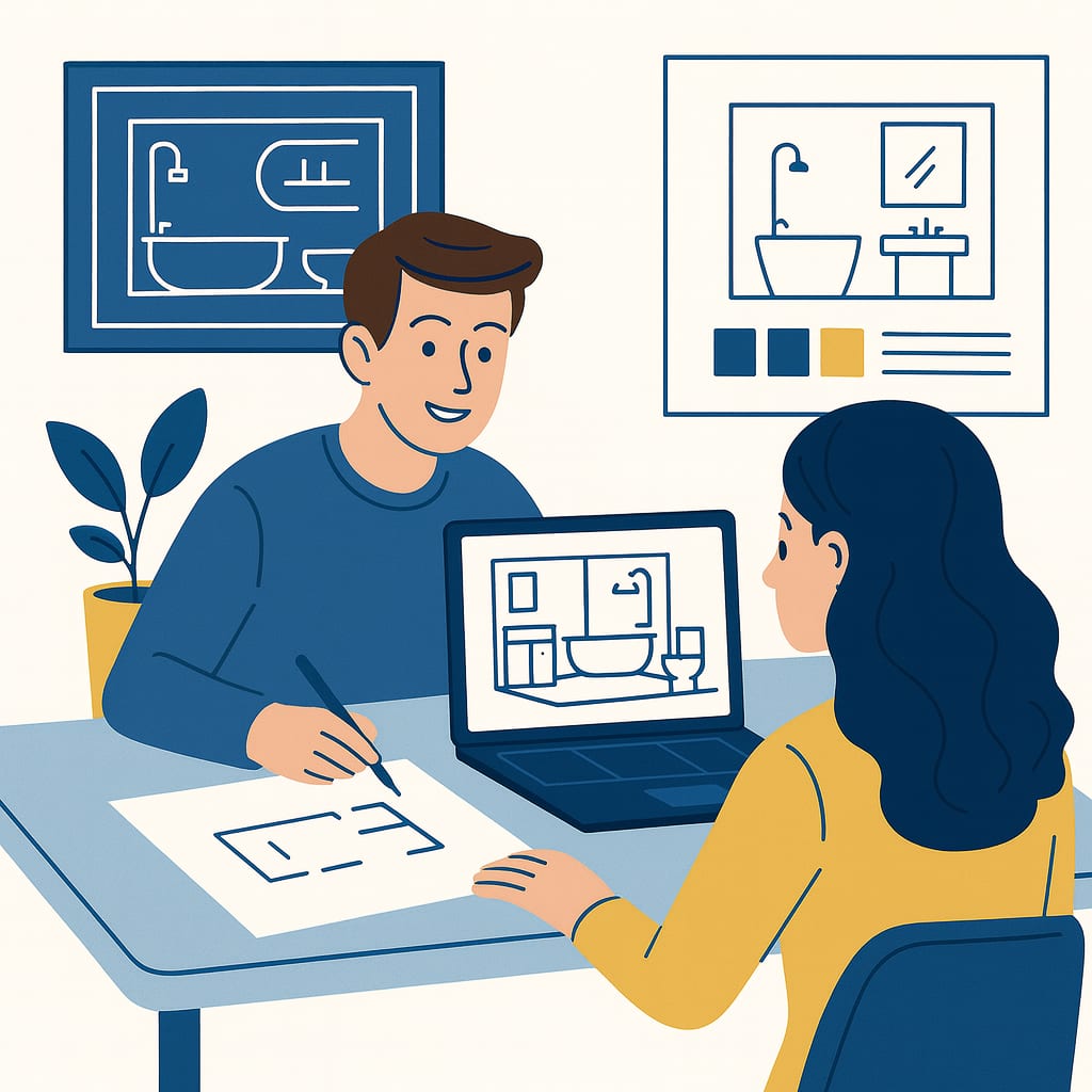 Bathroom Design and Planning Illustration illustration of homeowners discussing bathroom renovation design plans with 3D layout on laptop