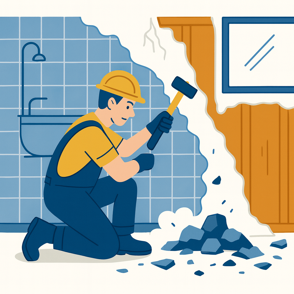 Bathroom Demolition and Site Preparation Illustration illustration of a construction worker demolishing a bathroom wall during renovation
