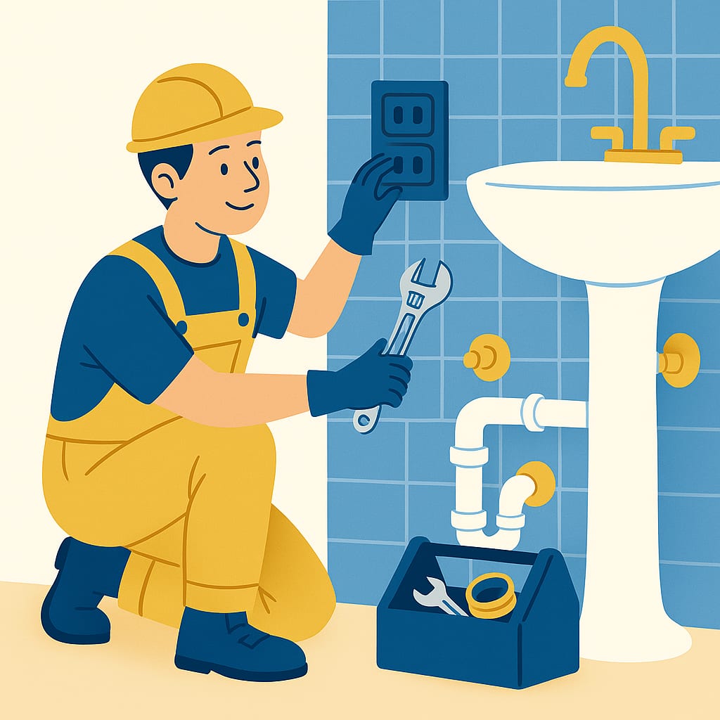 Bathroom Plumbing and Electrical Work Illustration illustration of a plumber and electrician working on bathroom plumbing and electrical installations