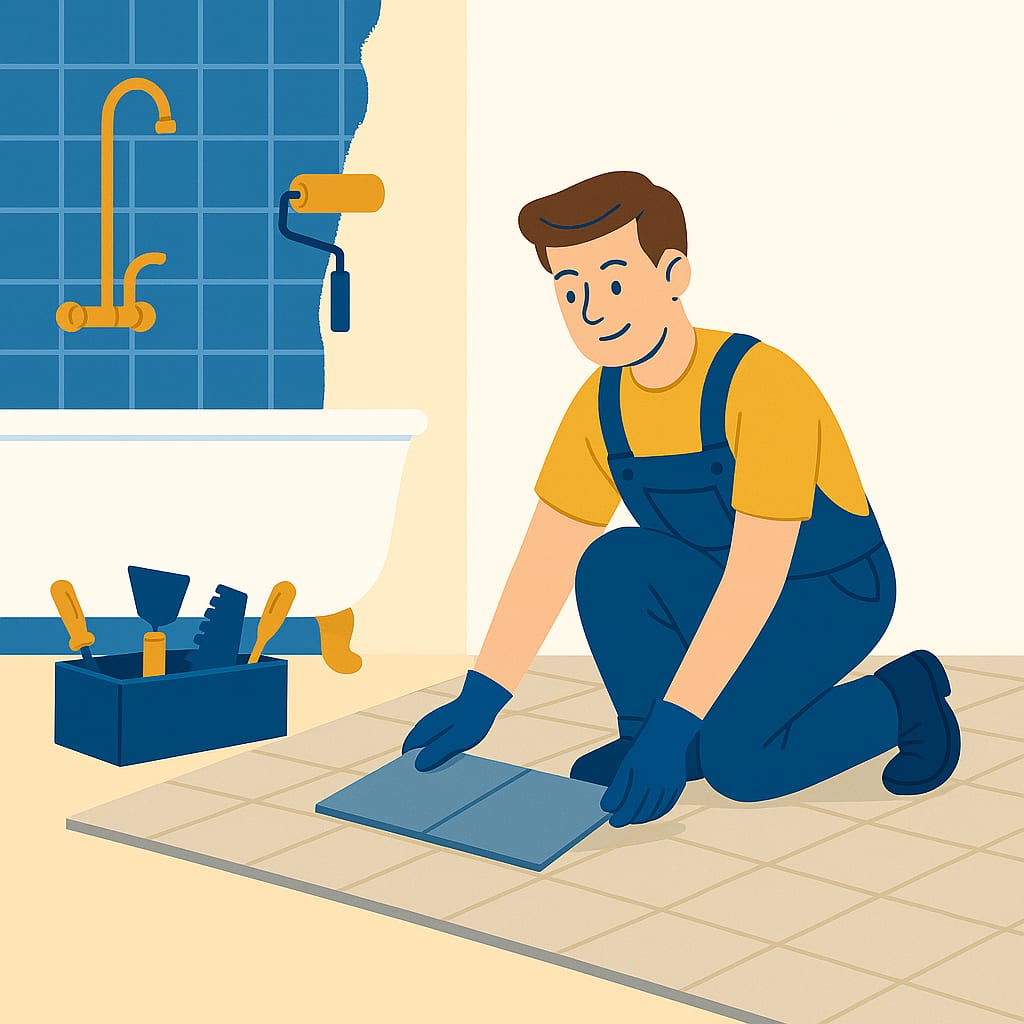 Bathroom Flooring Installation and Wall Upgrades Illustration illustration of a contractor installing bathroom floor tiles and upgrading wall surfaces