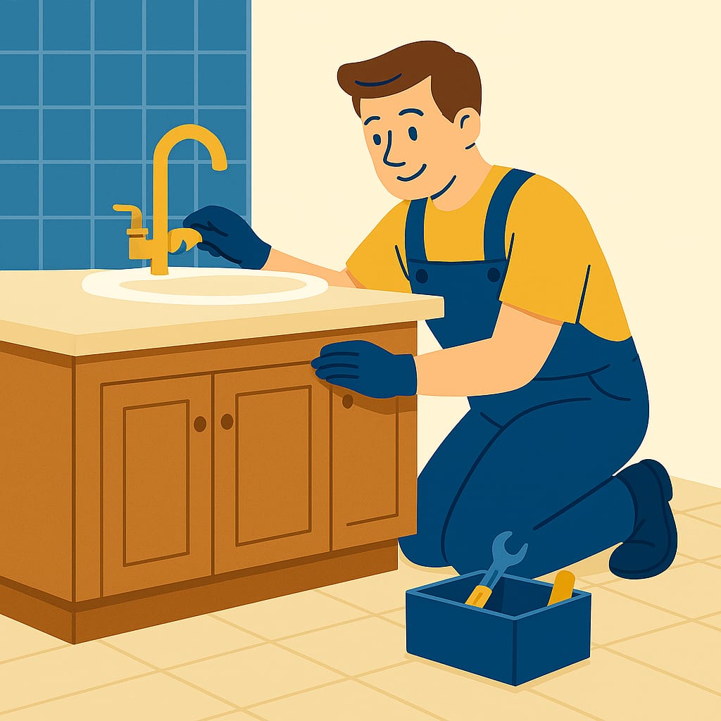 Bathroom Vanity, Countertop, and Sink Installation Illustration illustration of a contractor installing a bathroom vanity countertop and sink faucet