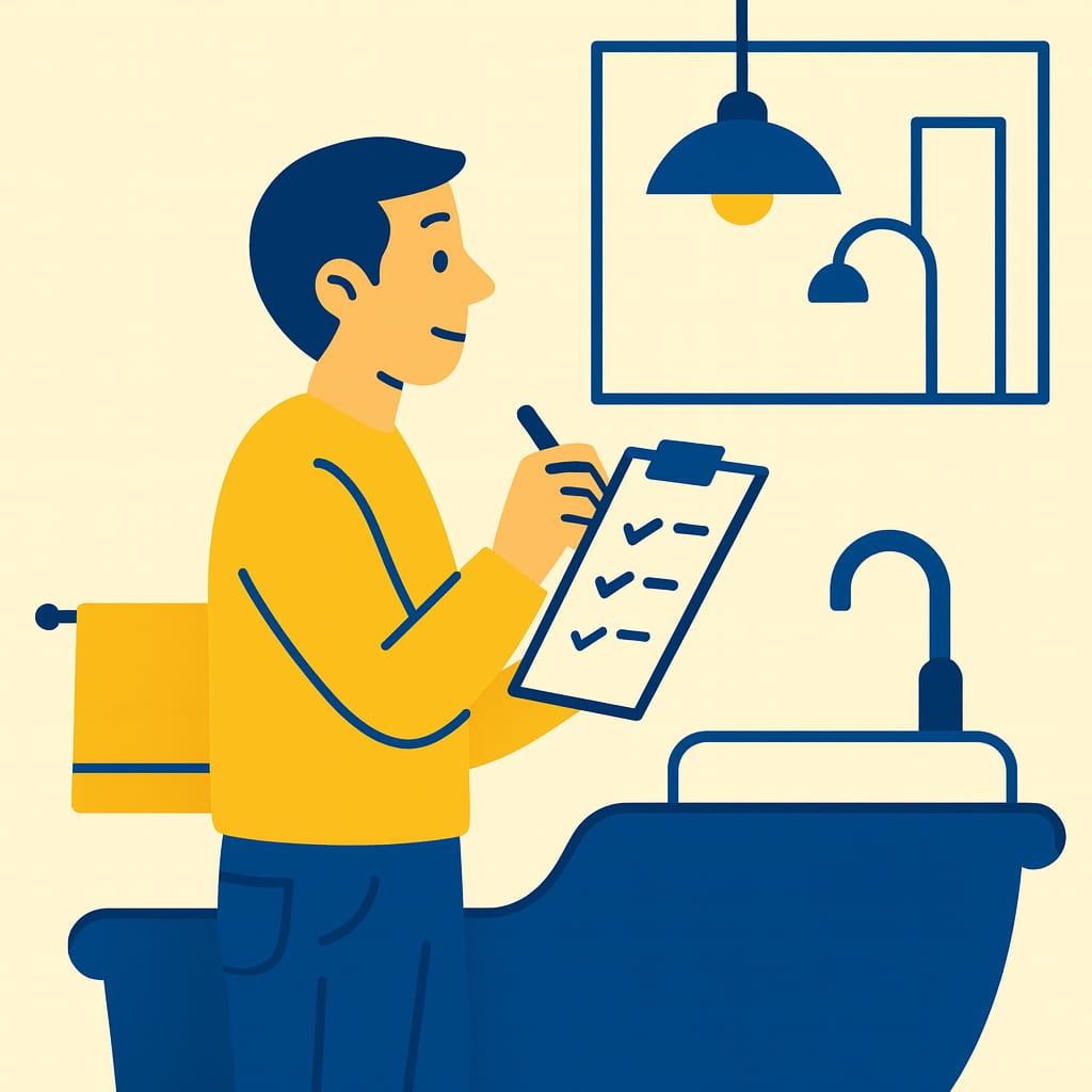Bathroom Renovation Final Inspection Illustration | Finishing Touches Bathroom renovation final inspection illustration with contractor checking checklist