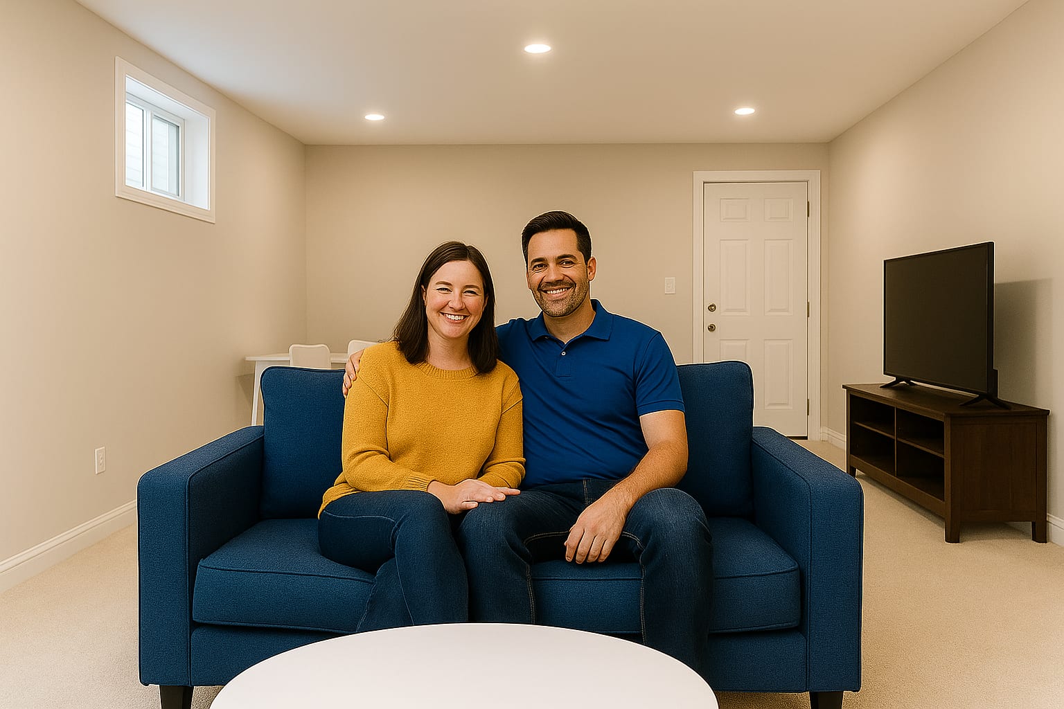 Final Inspection & Occupancy Permit – Finished Basement Renovation GTA | MyAurora Happy homeowners sitting in their newly finished basement after final inspection and occupancy approval — MyAurora renovation project in GTA Ontario.