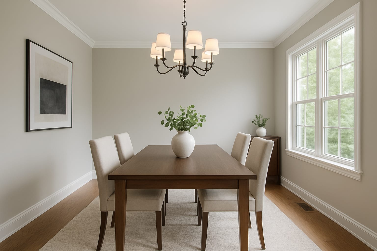 Freshly painted dining room with accent wall in Oakville home