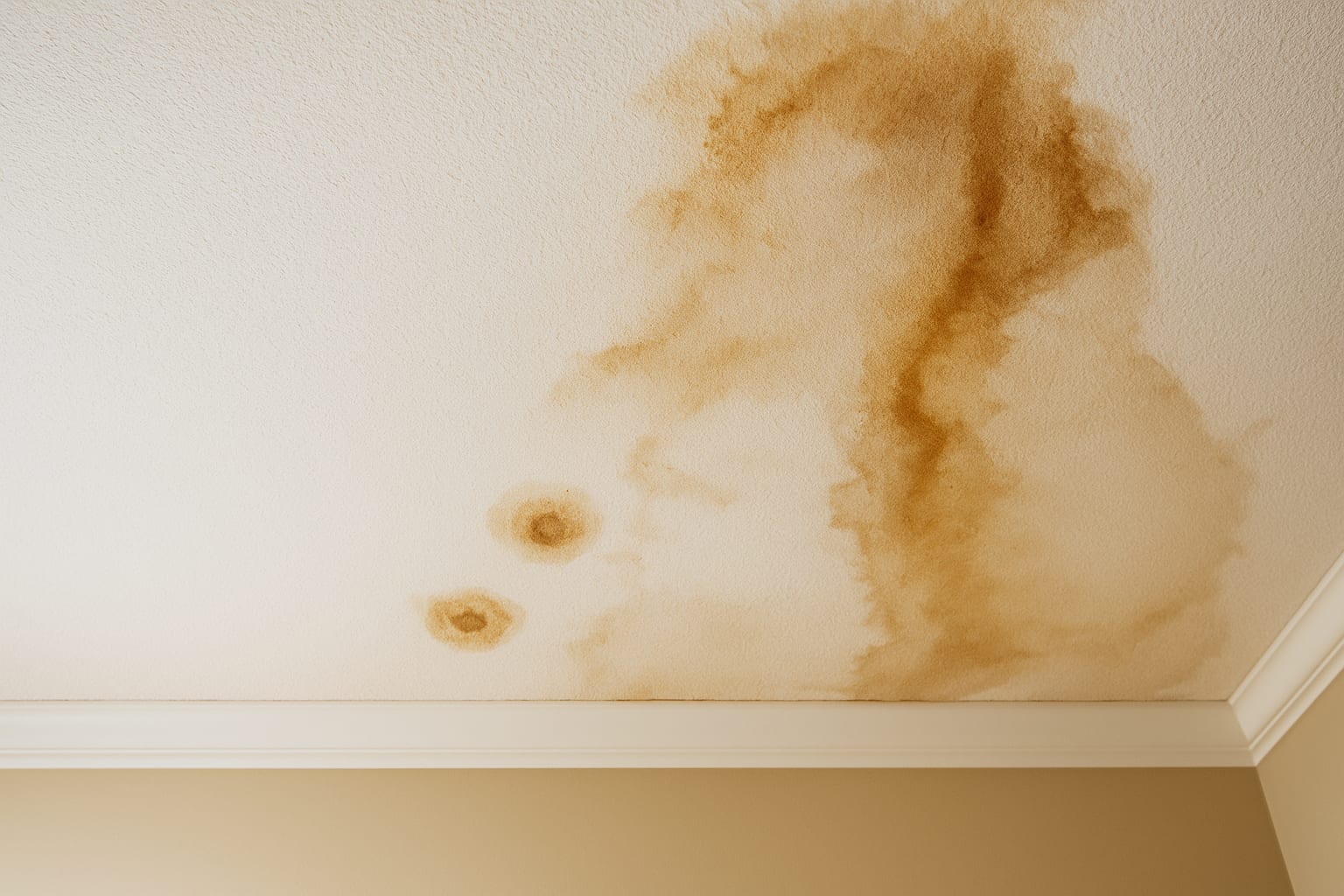 Large brown water stain on a white ceiling caused by a leaking bathroom above