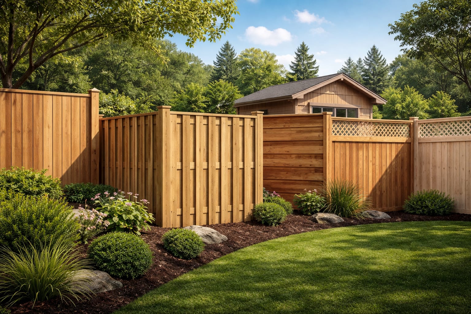 Wood privacy fence with lattice topper Wood privacy fence with lattice-top panel and stained accent section in a landscaped backyard (Toronto & GTA)
