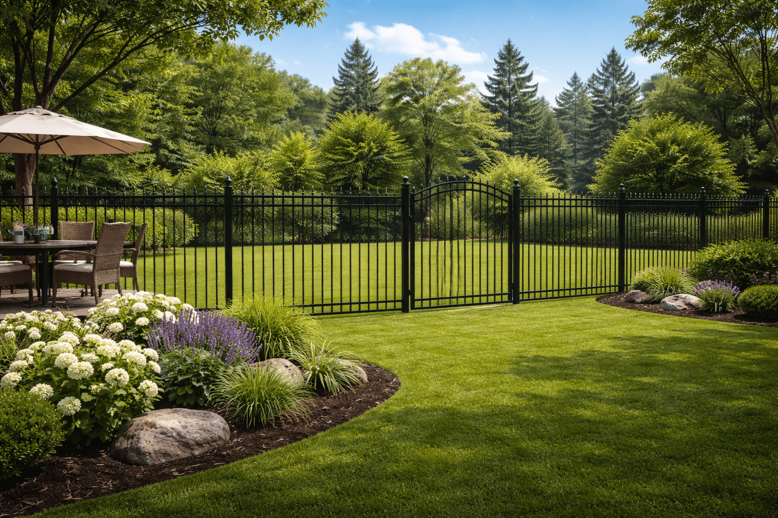 Black aluminum fence with gate installation Black aluminum fence with double gate installed along a landscaped backyard property line in the GTA (Toronto, Mississauga, Oakville)