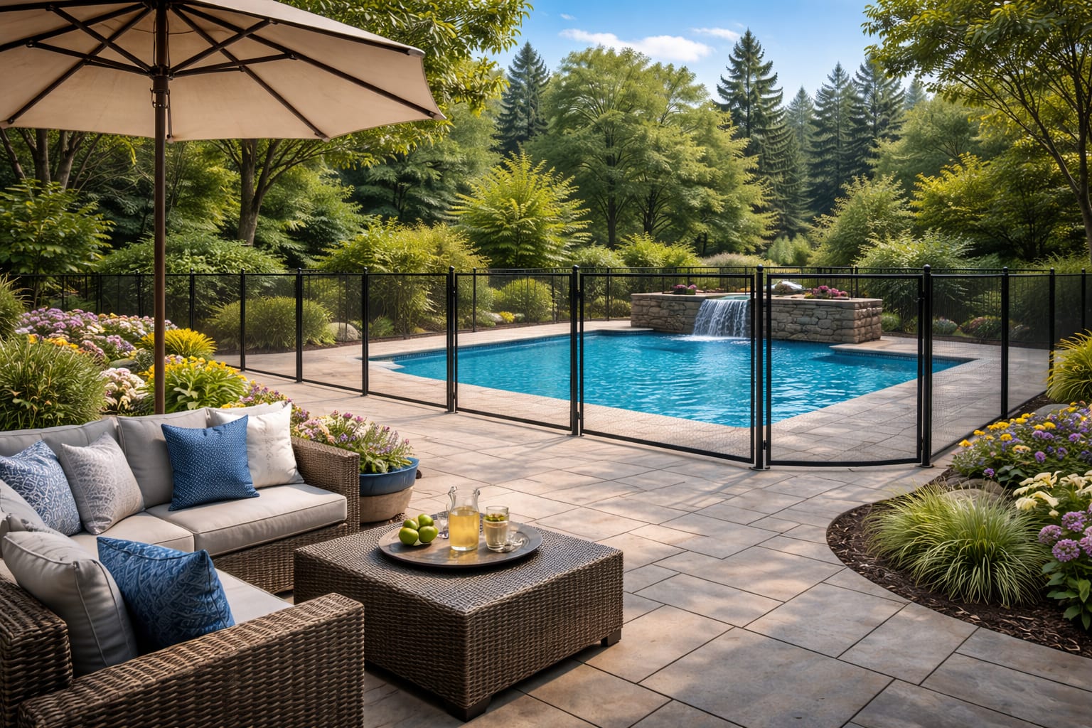 Pool safety fence installation (black aluminum) Black aluminum pool safety fence around a backyard swimming pool with interlock patio and landscaped garden (Toronto & GTA)