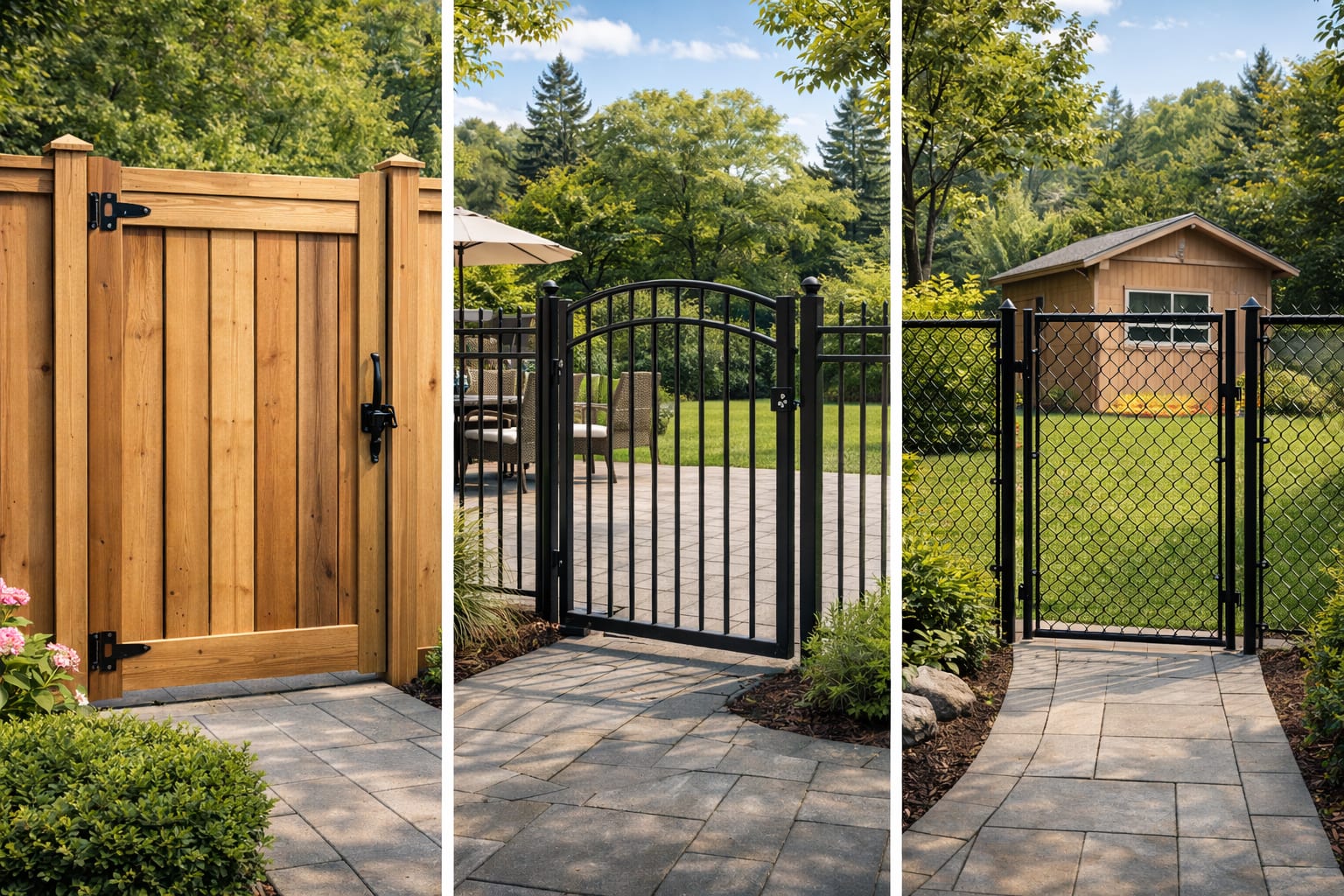 Fence gate styles: wood, aluminum and chain link Fence gate options in the GTA: wood privacy gate, black aluminum gate, and chain link gate installed on a backyard walkway