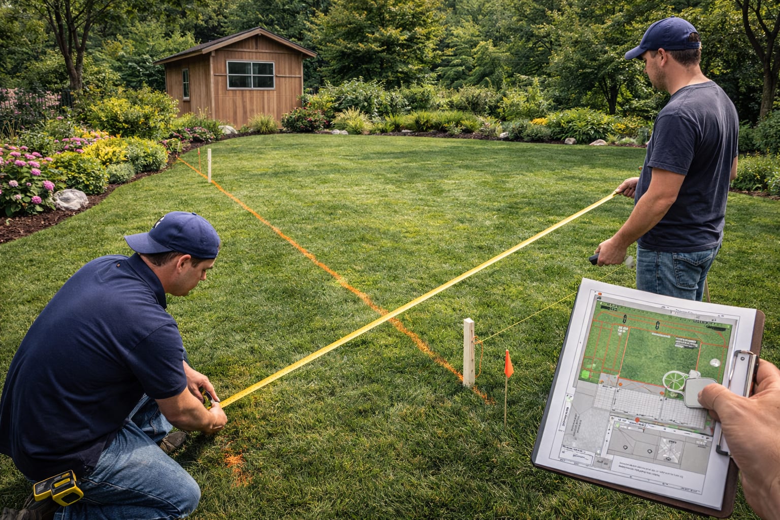 Fence layout measurement and marking Fence installers measuring and marking a backyard fence line with tape measure and layout stakes before post setting in the GTA
