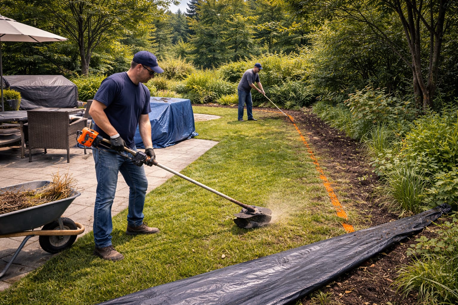Fence line layout and site preparation Fence installers marking the fence line and clearing the edge of the yard for fence installation layout and site preparation in the GTA