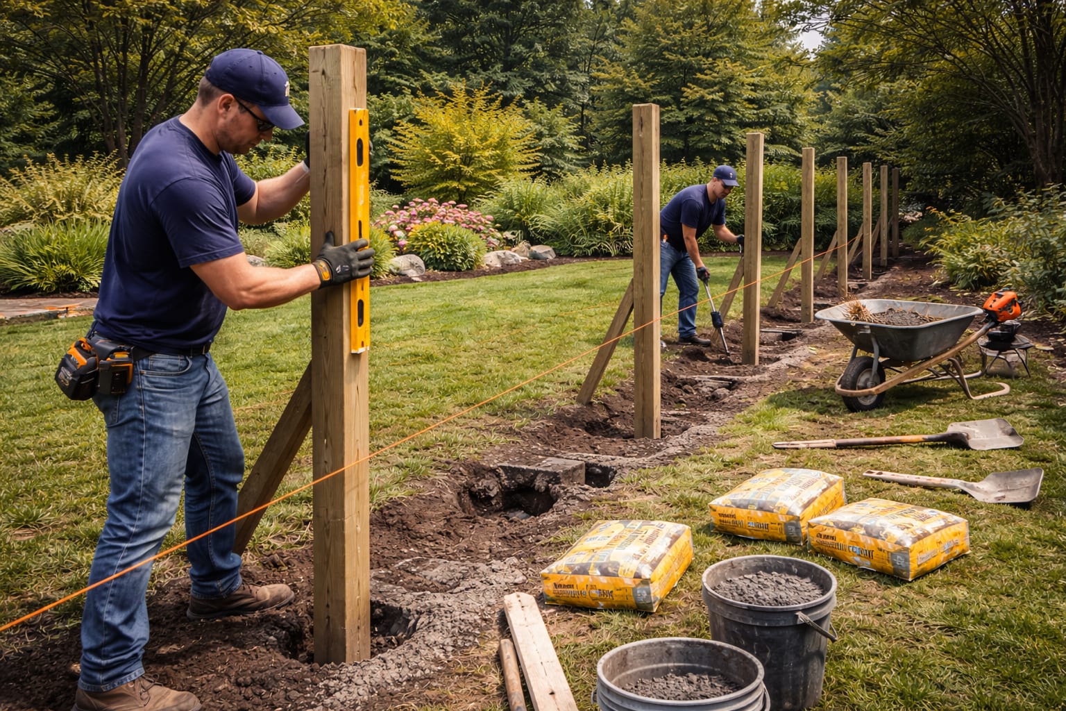 Fence post setting and alignment with string line Fence installers setting and leveling wooden fence posts with string line and concrete for a straight fence layout in the GTA