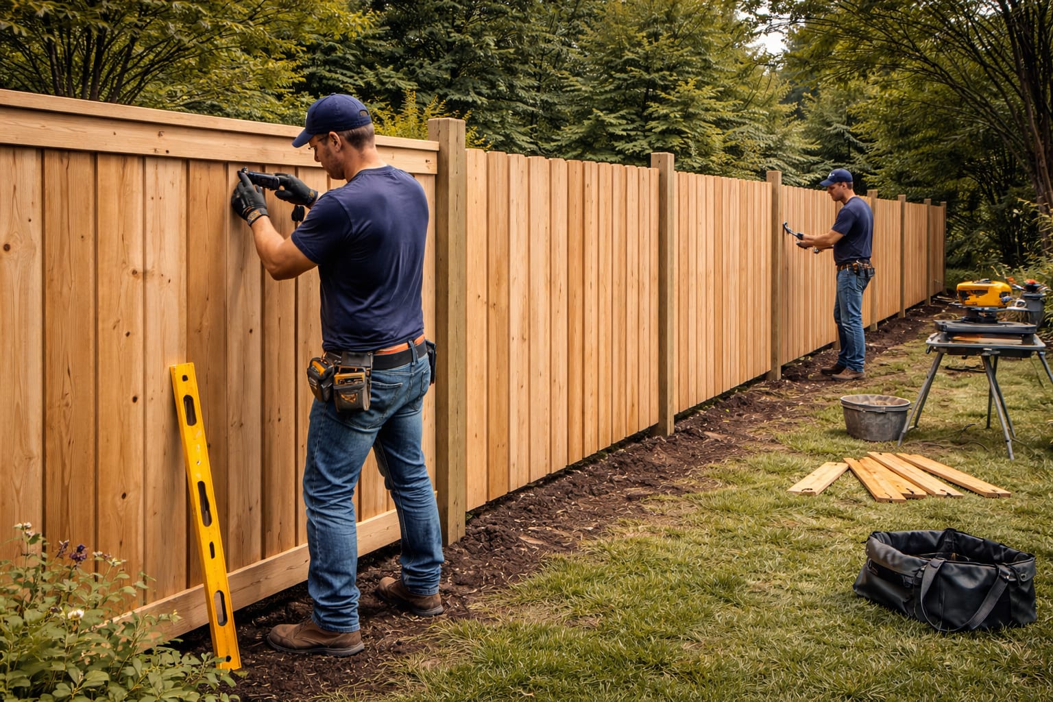 Wood privacy fence installation with post alignment Fence installers building a wood privacy fence with level alignment and clean straight lines in the GTA