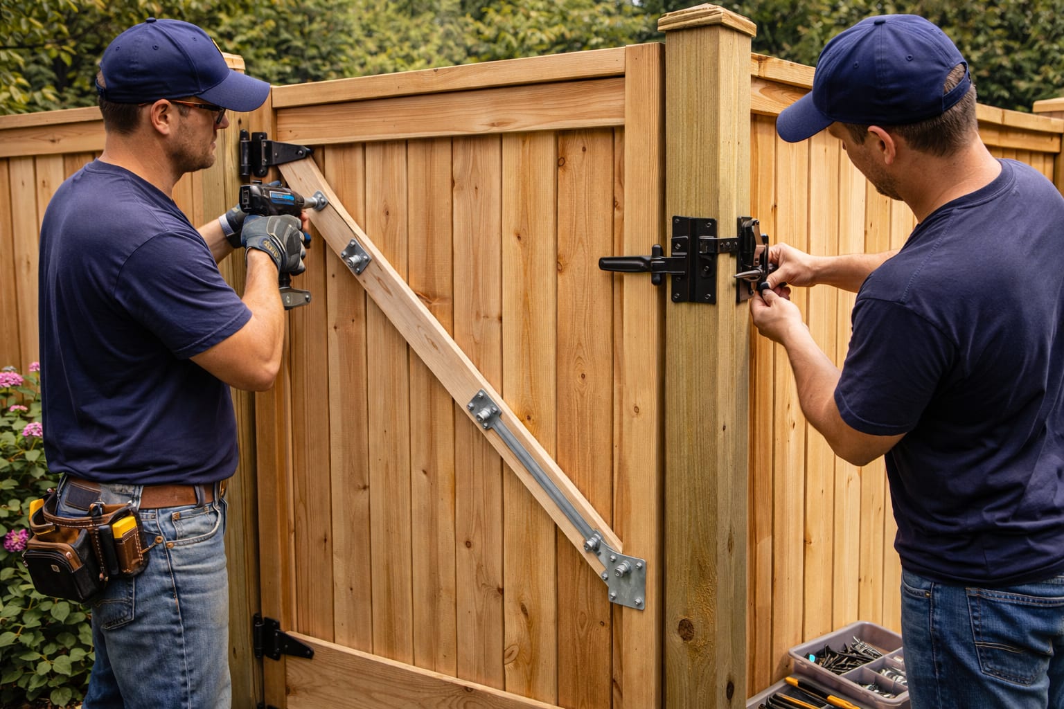 Wood privacy fence gate hardware installation ence installers adjusting gate latch and anti-sag hardware on a wood privacy fence gate in the GTA