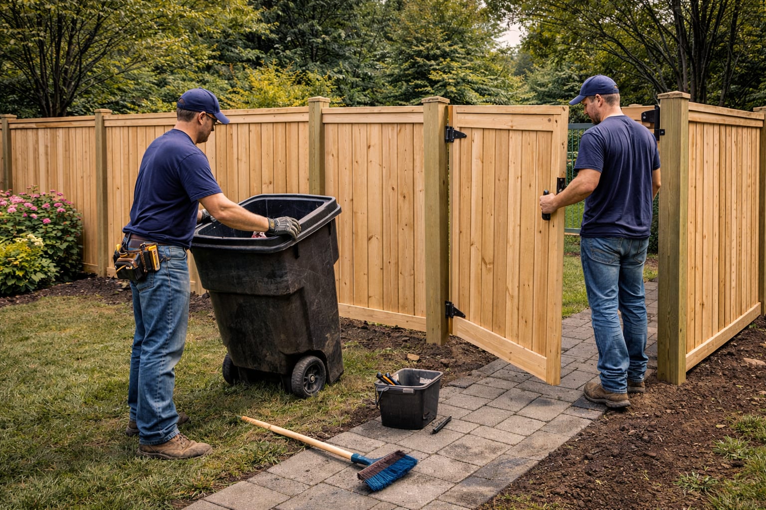 Wood privacy fence installation with gate alignment Fence installers aligning a wood privacy fence gate during a backyard fence installation in the GTA