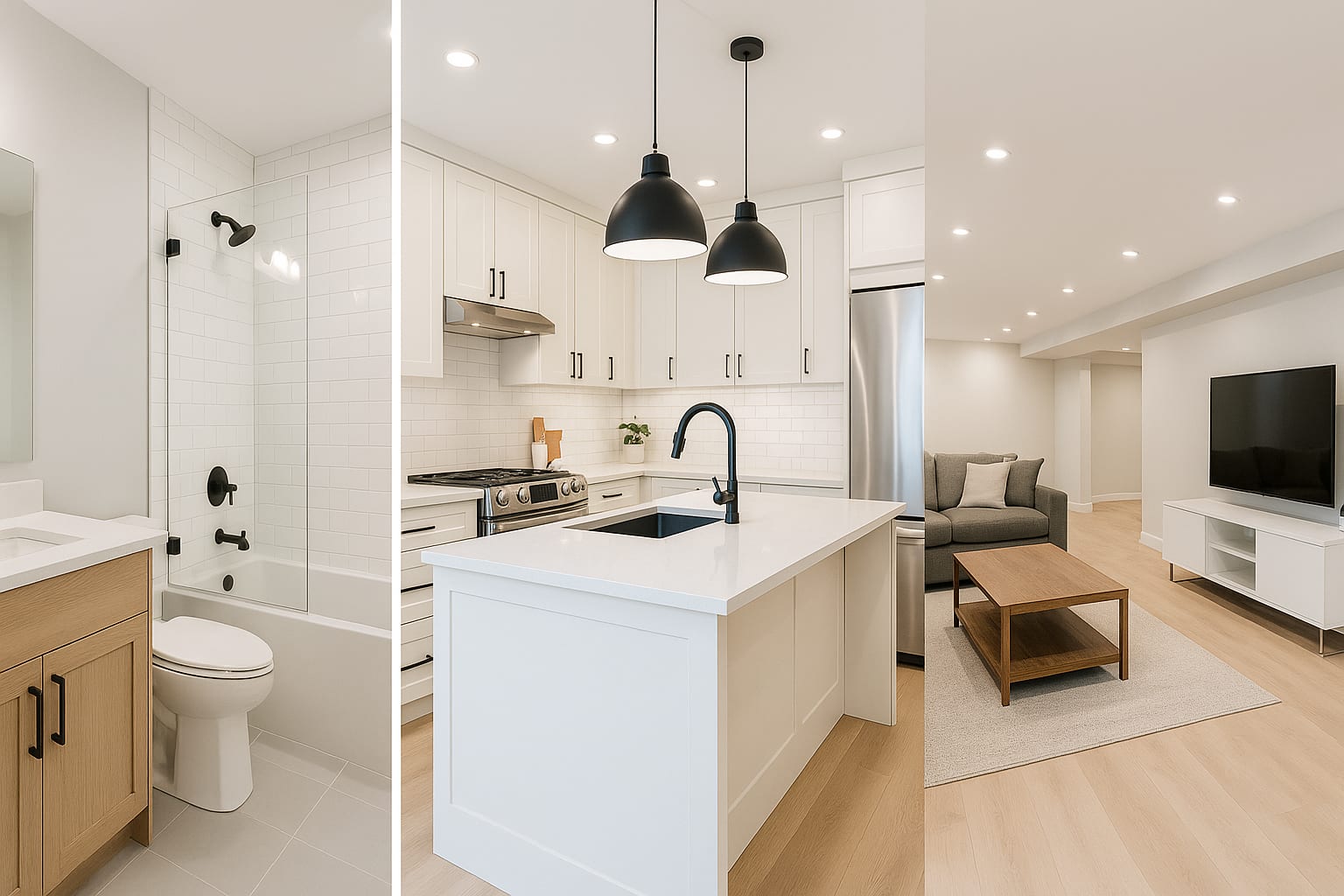 Renovated bathroom, kitchen and basement living room in a modern Oakville GTA home