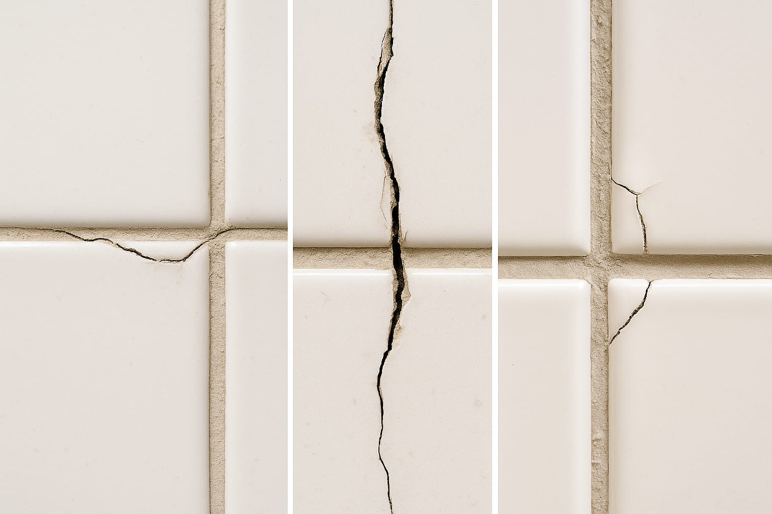 Close-up collage of cracked grout and tile joints from a failing bathroom installation