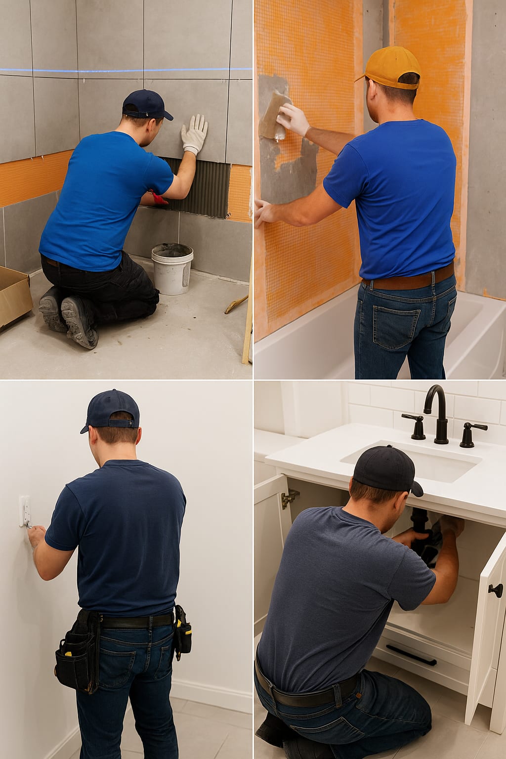 Professional bathroom renovation crew tiling, wiring and plumbing during a remodel in the West GTA