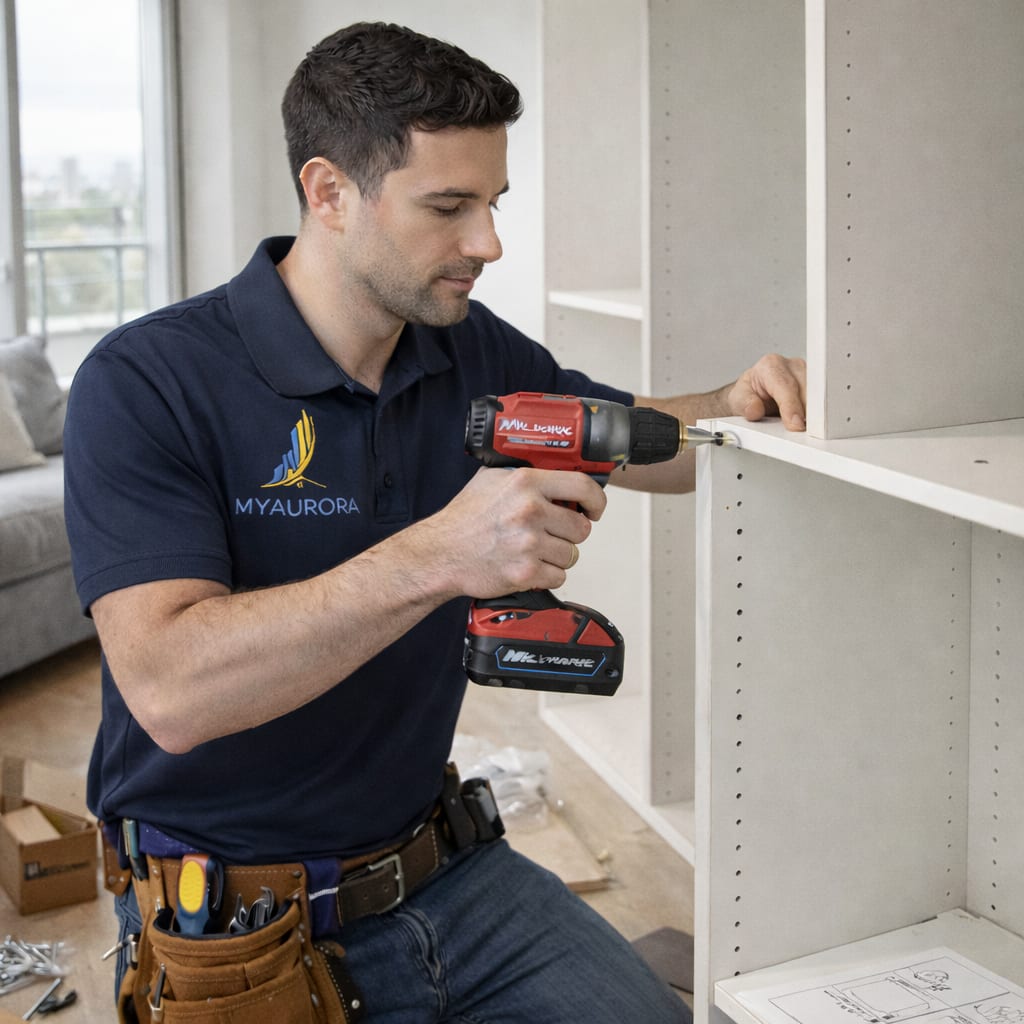 Shelving Installation and Furniture Assembly - Handyman Services GTA Ontario - MyAurora MyAurora handyman assembling and installing built-in shelving with a cordless drill in a GTA home in Ontario