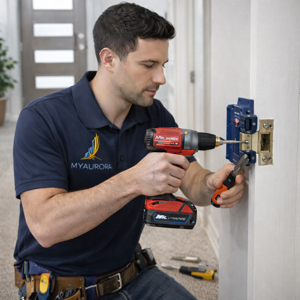 Door Repair and Hardware Adjustment - Handyman Services GTA Ontario - MyAurora MyAurora handyman adjusting a door latch and strike plate with a drill for a smooth closing door in the GTA, Ontario