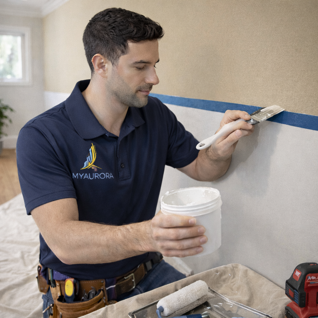 Interior Painting and Touch-Ups - Handyman Services GTA Ontario - MyAurora MyAurora handyman painting a clean straight wall edge with painter’s tape for a smooth finish in the GTA, Ontario