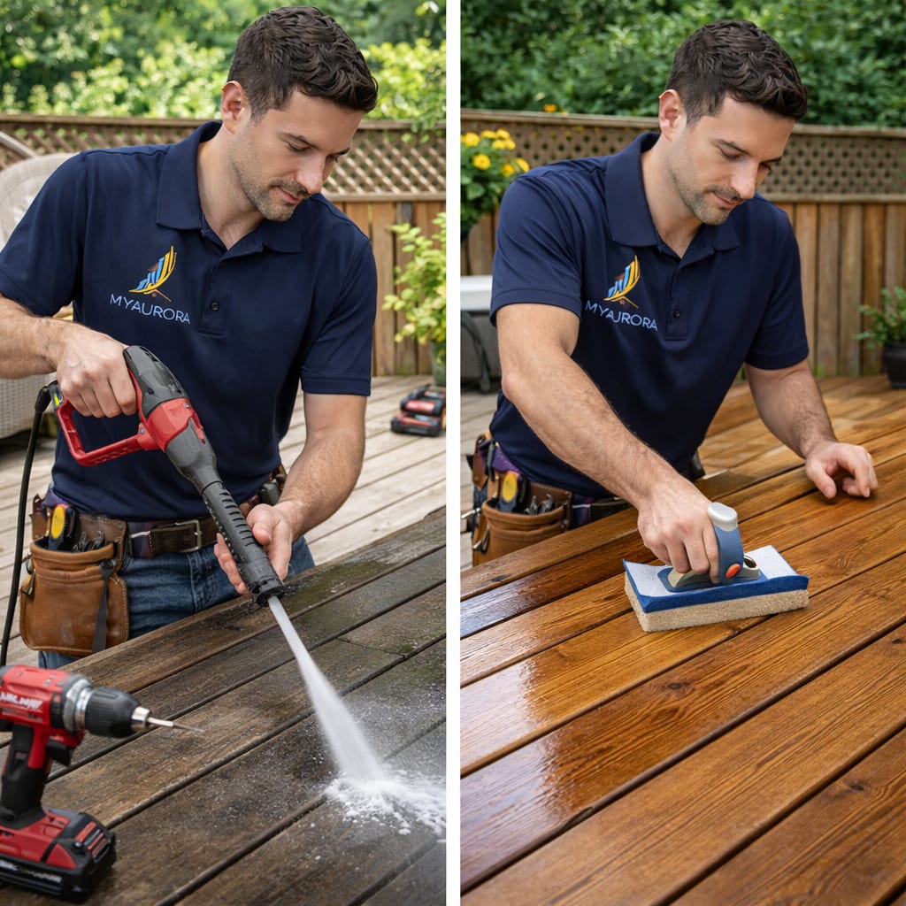 Deck Cleaning and Sealing Preparation - Handyman Services GTA Ontario - MyAurora MyAurora handyman pressure washing and cleaning a wood deck, then prepping the surface for deck sealing in the GTA, Ontario