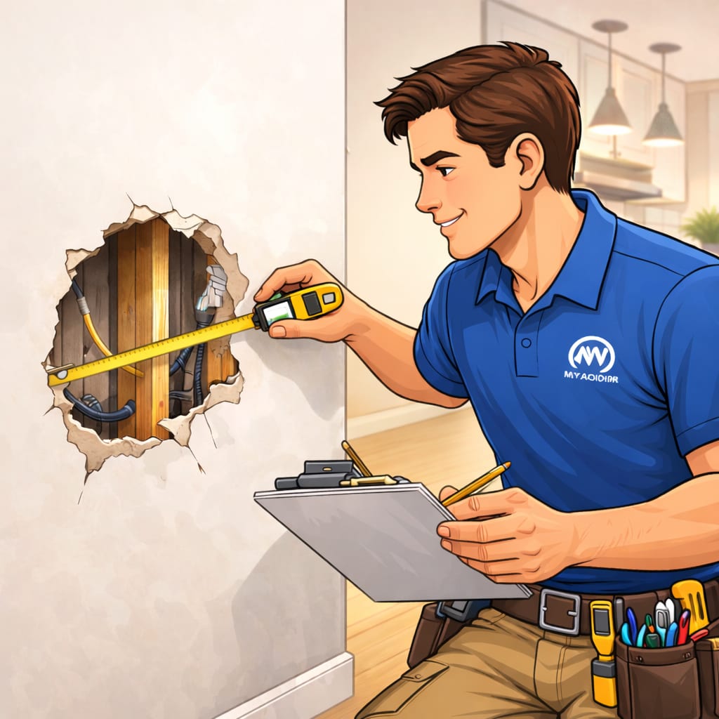 Drywall Damage Inspection and Measuring - Handyman Services GTA Ontario - MyAurora MyAurora handyman inspecting a drywall hole and measuring the opening before drywall patch repair in a GTA home