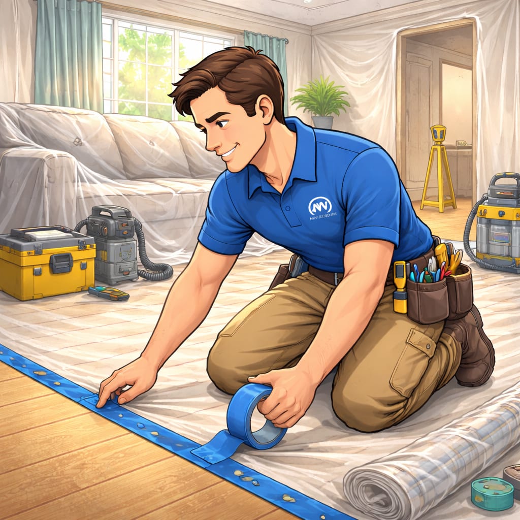 Work Area Protection and Prep - Handyman Services GTA Ontario - MyAurora MyAurora handyman taping floor protection and masking off a clean work zone before repairs in a GTA home