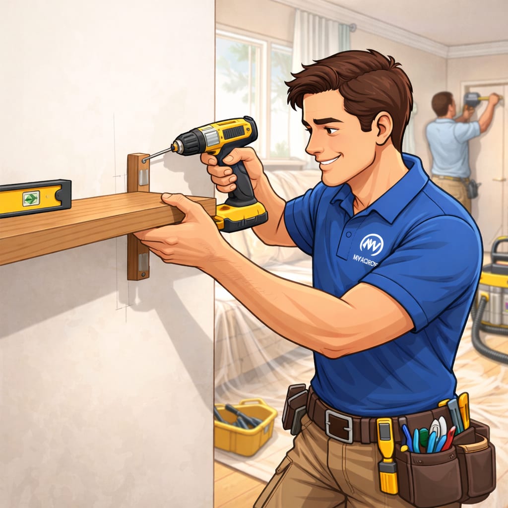 Handyman Shelf Installation GTA Ontario - MyAurora Handyman in MyAurora uniform installing a wall-mounted shelf with a level in a GTA home in Ontario
