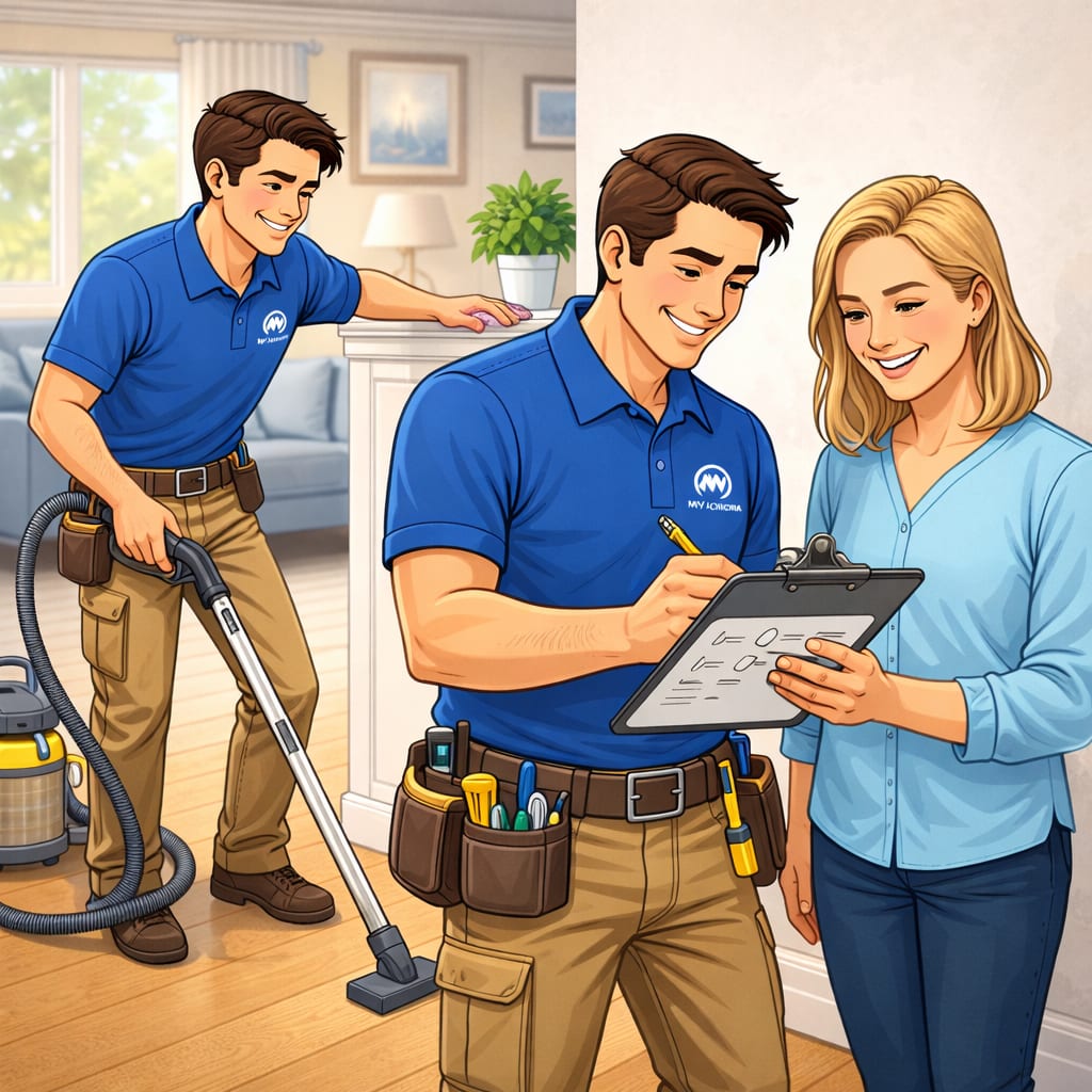 Handyman site verification and planning - GTA Ontario Cartoon handyman reviewing a checklist with a homeowner in a living room while another technician cleans with a vacuum.