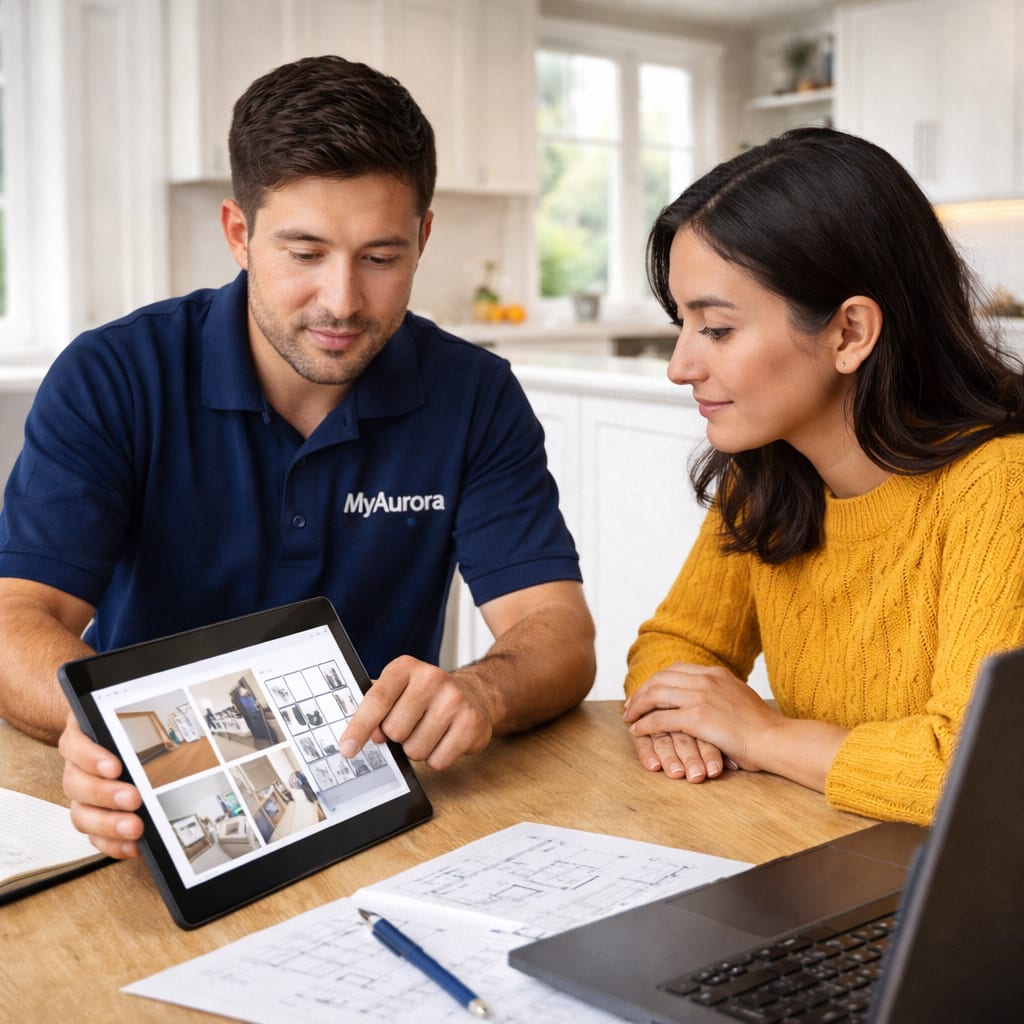 “Renovation design options review - MyAurora - West GTA” “MyAurora contractor reviewing renovation design options with homeowner using a tablet in the West GTA”