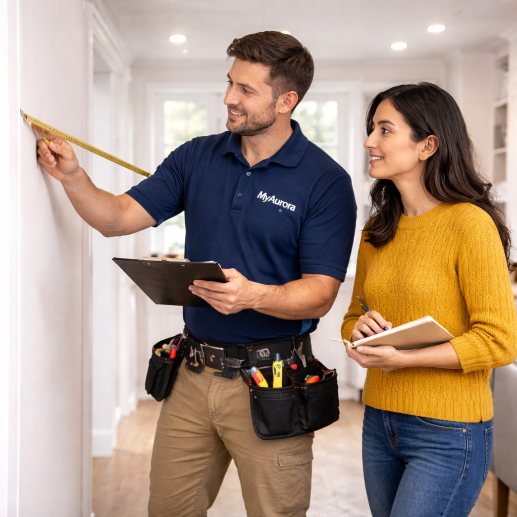 “On site measurement and scope verification - MyAurora - West GTA” “MyAurora contractor measuring and verifying renovation scope with homeowner during a site visit in the West GTA”