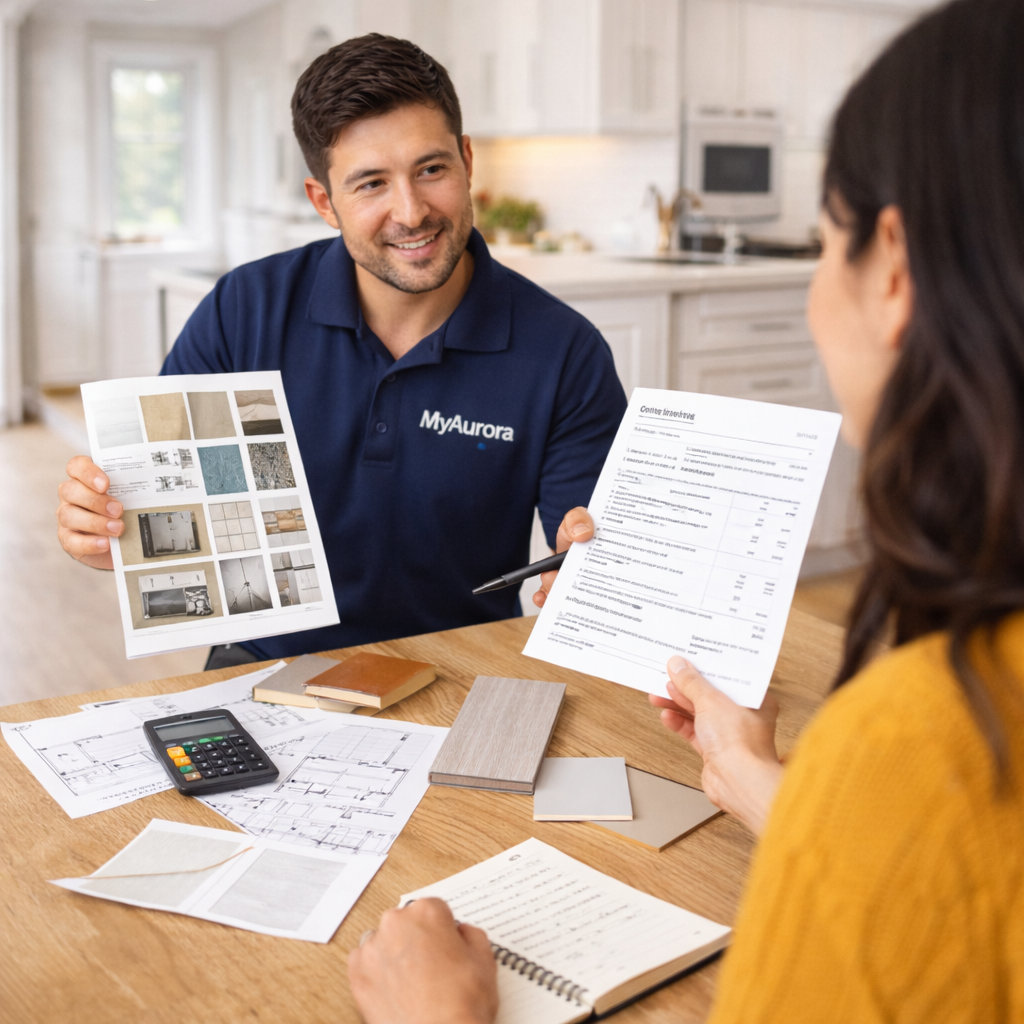 “Renovation estimate review - options and scope - West GTA” “MyAurora contractor reviewing renovation options and written estimate with homeowner in the West GTA”