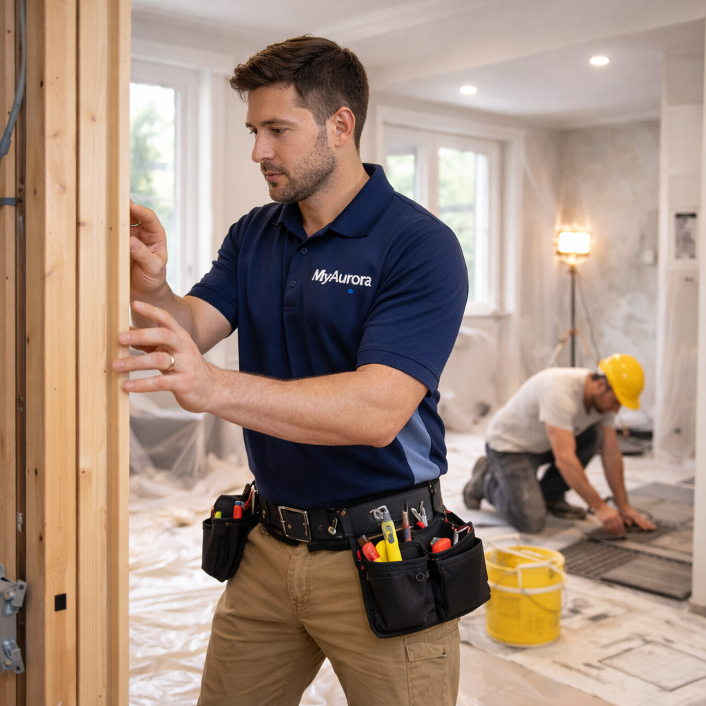 “Renovation site work in progress - framing and prep - West GTA” “MyAurora renovation work in progress with contractor measuring framing during interior remodel in the West GTA”