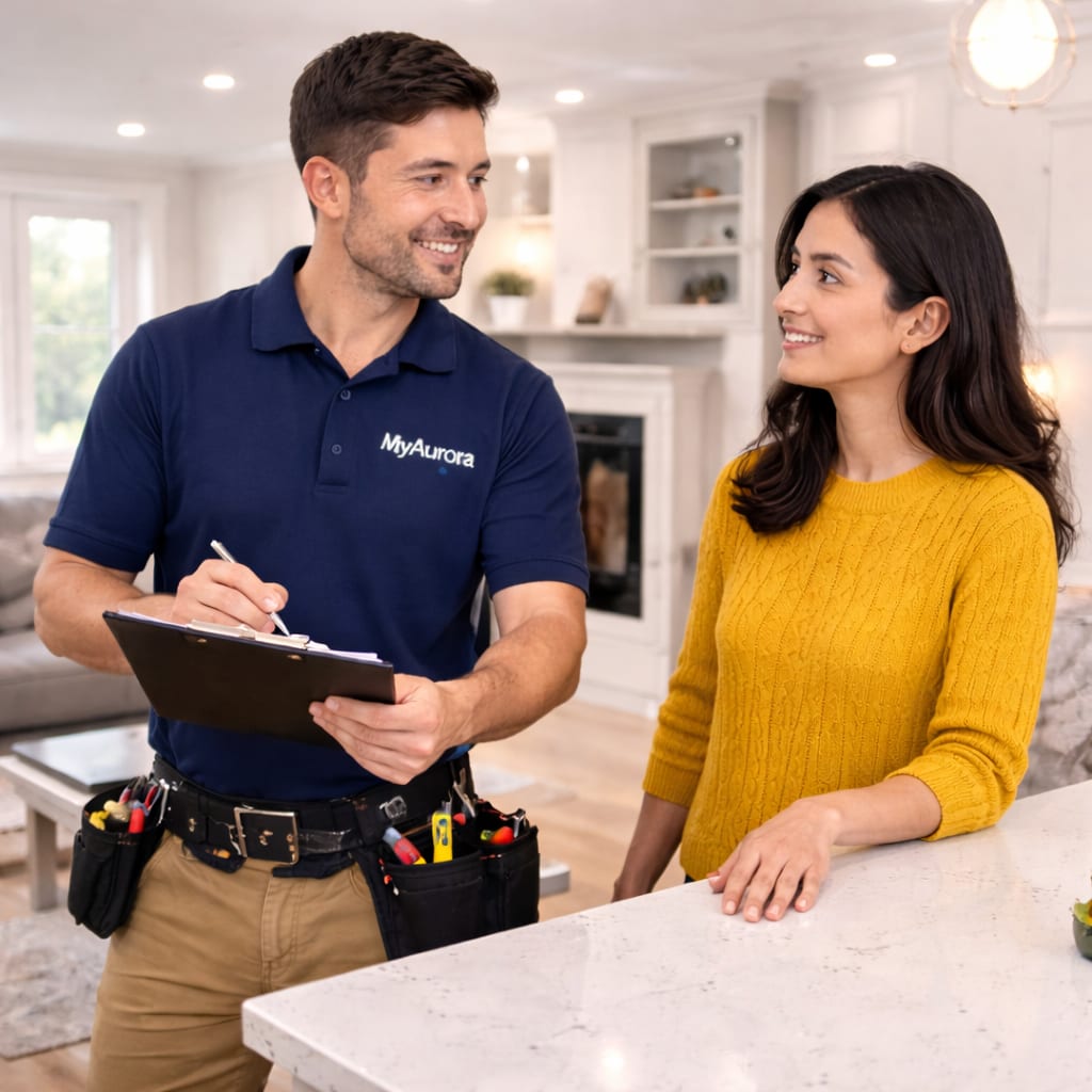 “Renovation consultation - MyAurora contractor and homeowner - West GTA” “MyAurora contractor discussing renovation plan with homeowner in a kitchen in the West GTA”